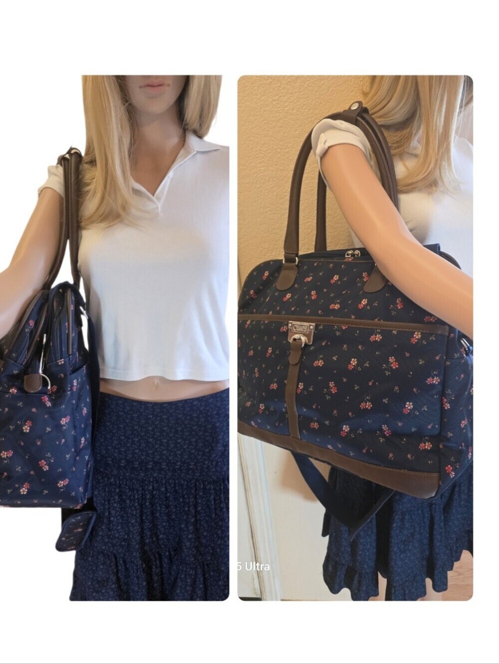 Chaps Navy Ditsy Y2k Style Floral Travel Boarding Bag & Laptop Tote - EUC